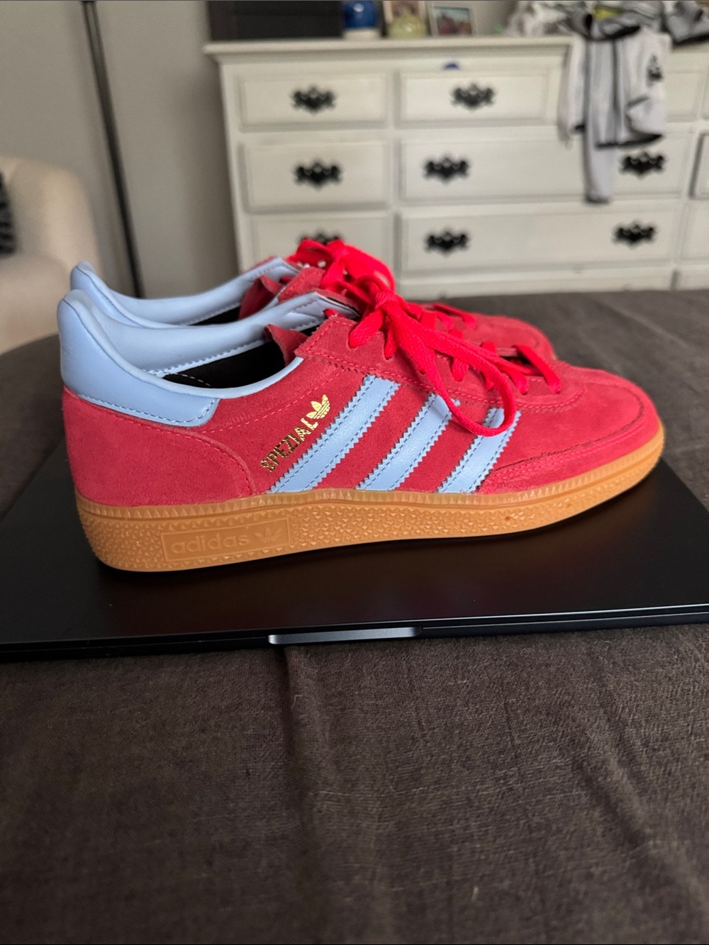 adidas Spezial Suede Sneakers in Red & Light Blue with Gum Sole